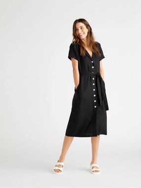 Quince 100% European Linen Button Front Dress Small Black Minimalist Preppy